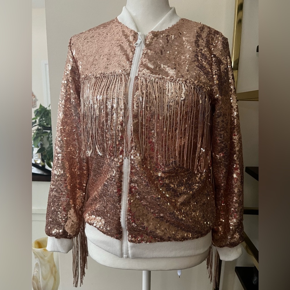 Rose Gold Sequin Fringe Jacket size S